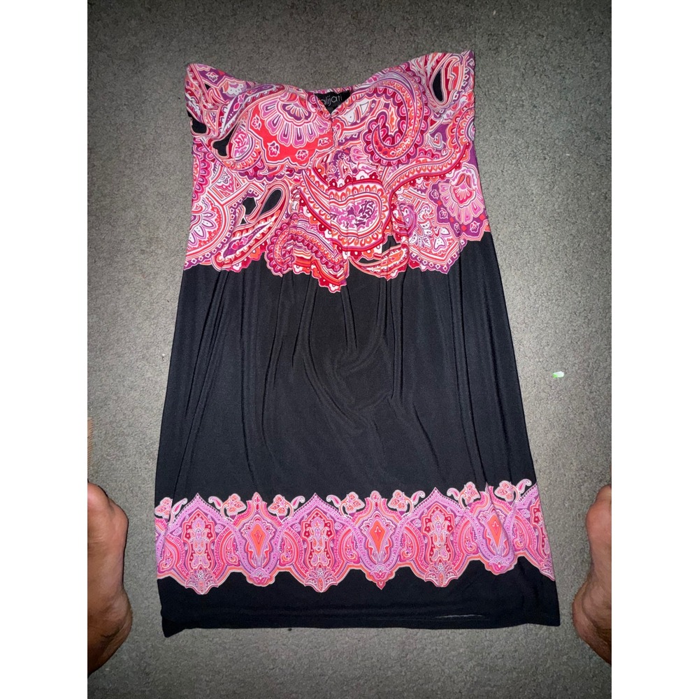 Kalijati Women's L Y2K Strapless Black Pink Paisley Stretch Dress
